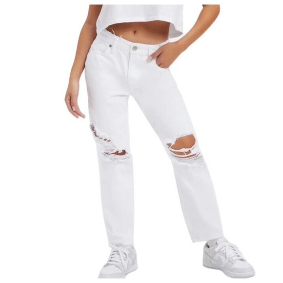 Good American Jeans 14/32 Waist 35‎ Good 90s Loose Fit Ripped Straight Leg White - Picture 2 of 16